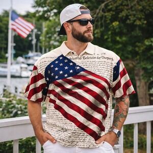 NEW Cotton Traders Declaration of Independence Polo Mens XXL Cream Patriotic USA